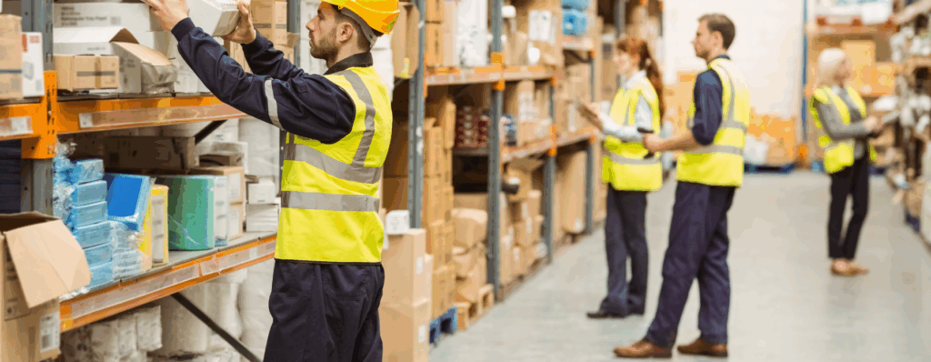 Wholesale staff in high-visibility vests organising packaged goods on warehouse shelves, highlighting the need for Wholesale Insurance to protect stock and employees.
